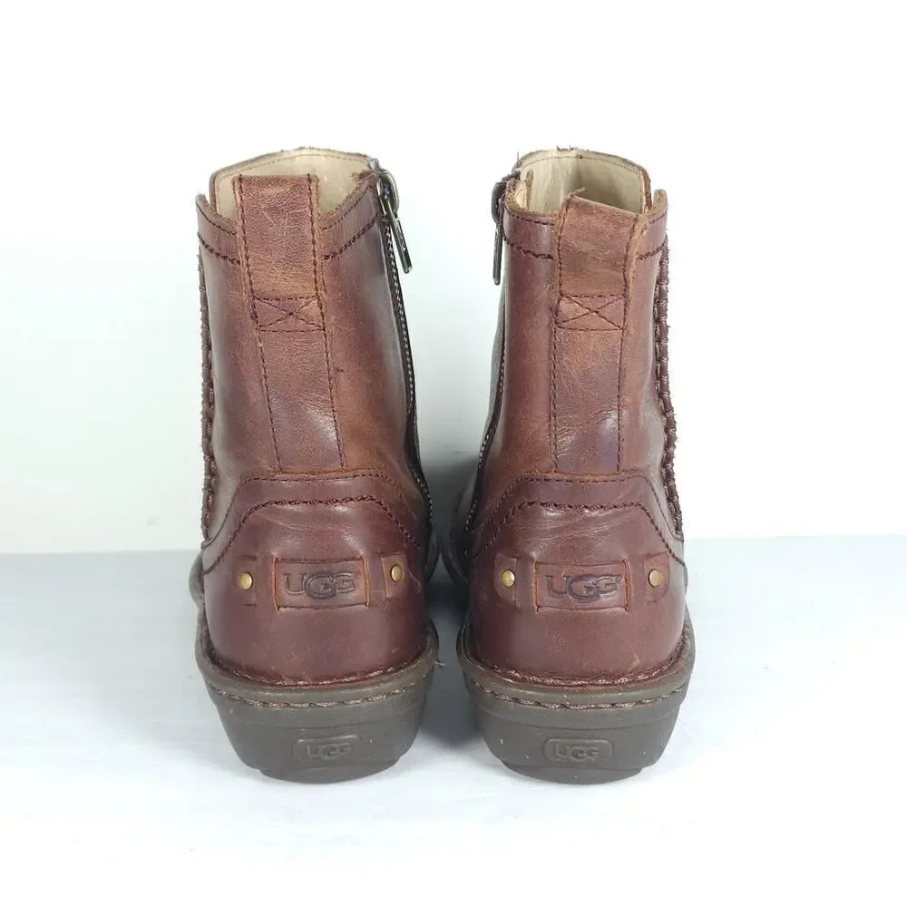 UGG Women's Neevah US6 Brown Leather Sheepskin Lined Side Zip Ankle Boots Bootie